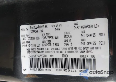 2004 Dodge Dakota из США, поврежденный, VIN 1D7GL12K74S706280